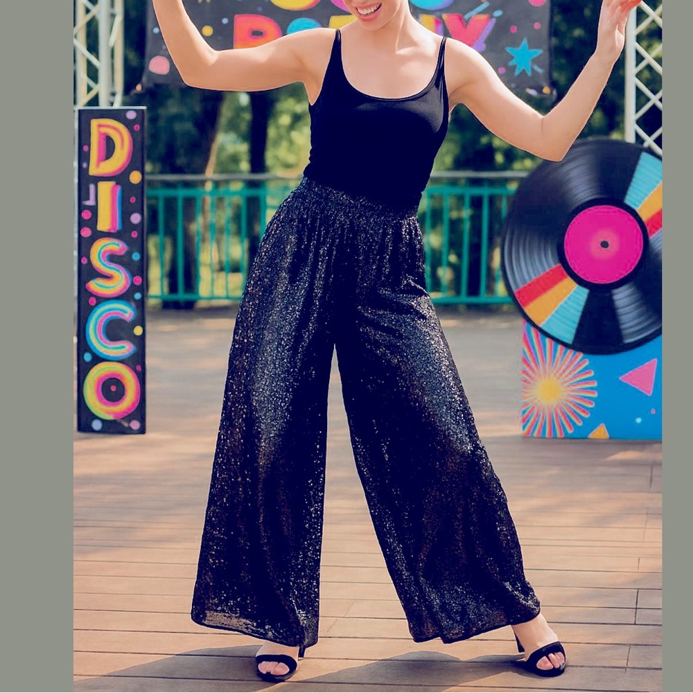 80s SCARLET RAGE SILK BLACK SEQUIN ENCRUSTED RETRO WIDE-LEG PALAZZO PANTS SZ S